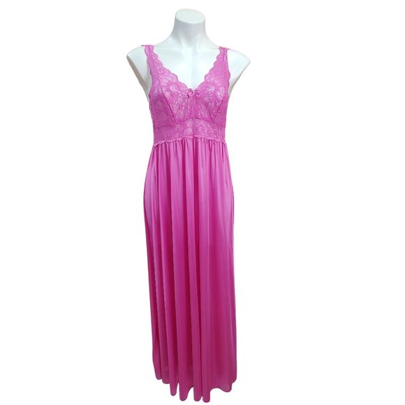 90's Vintage Deadstock Shadowline Nylon Pink with Lace Night Gown - Picture 1 of 12